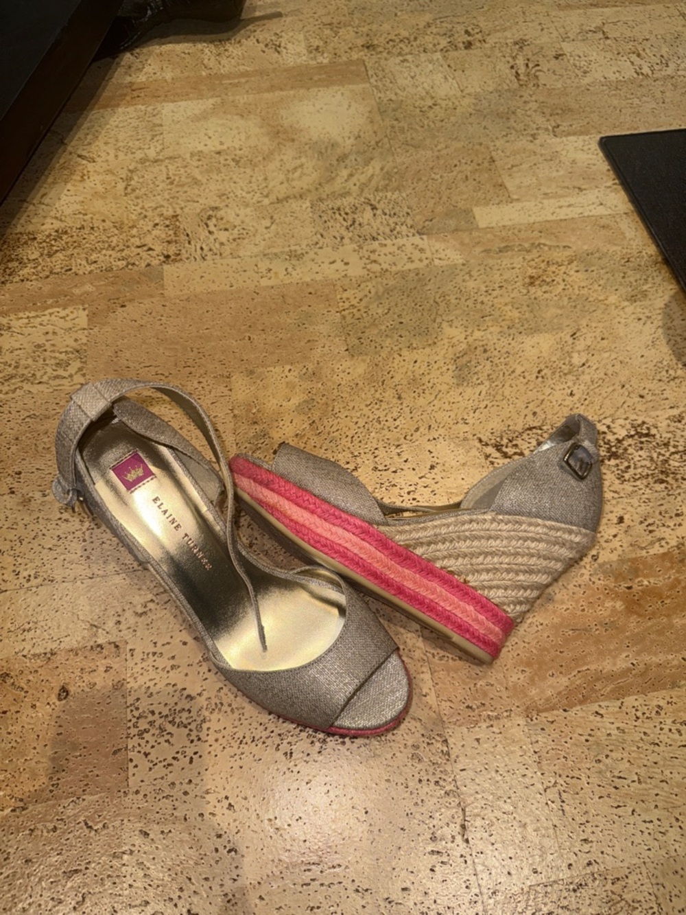 Elaine Turner Metallic Beige Espadrille Wedges with Pink Stripe - never worn